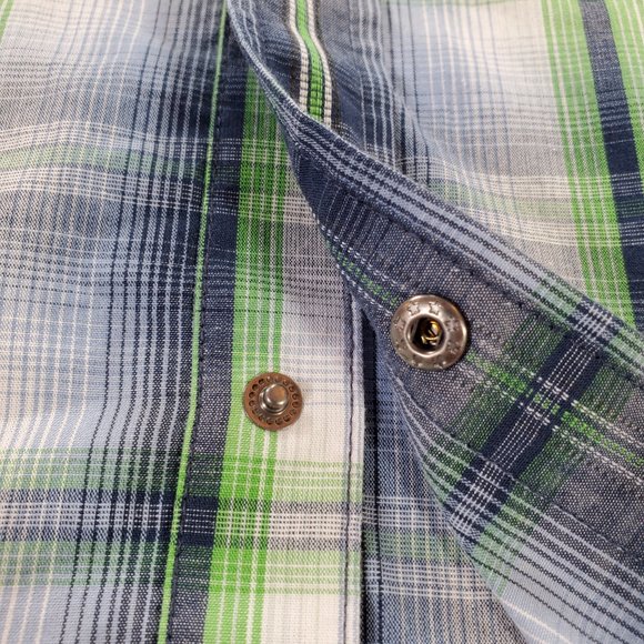Prana Shirt Men XL Blue Green Madras Plaid Silver Snap Casual Button Up Western - Picture 4 of 15